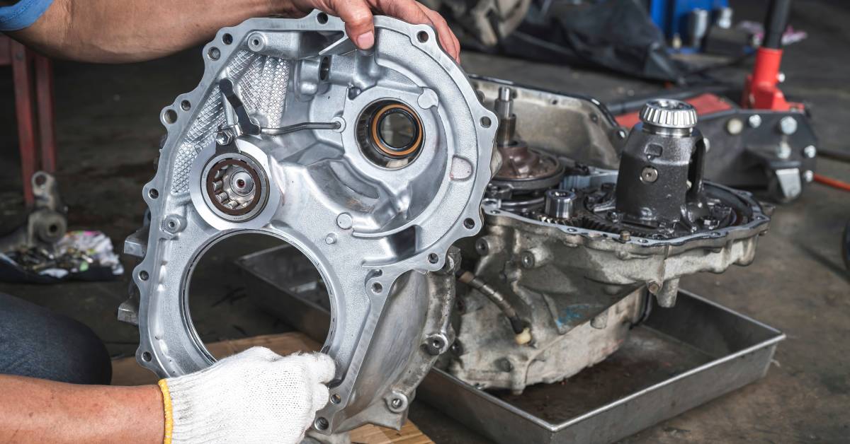 A mechanic's hands work on a transfer case on the floor of a repair shop. The mechanic wears a white glove on one hand.