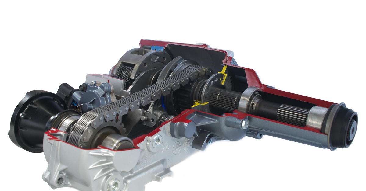 A stylized graphic representation of the top of a electronic shift transfer case as well as its interior components.